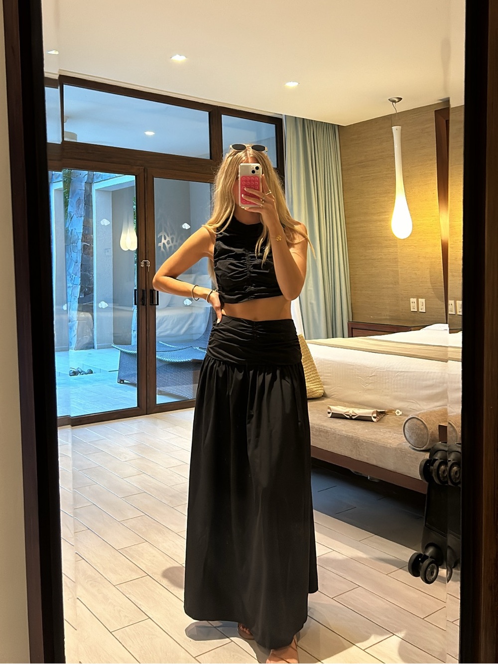 Commense Black High-Waist Maxi Skirt with Ruched Waist & Top Set